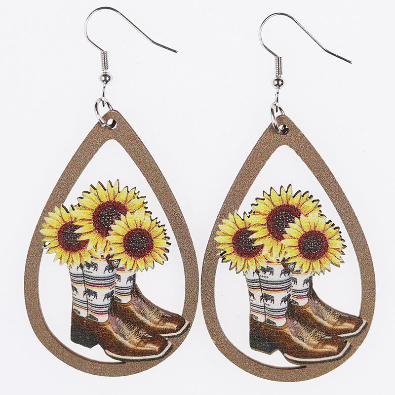 Pendientes de madera con estampado de toro de cactus de girasol hollow al por mayor